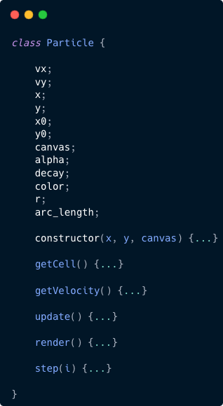 Screenshot from a code editor, where the simplified code for our particle class is shown