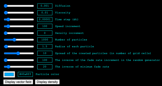 Screenshot of the user interface for adjusting the key parameters of the simulation